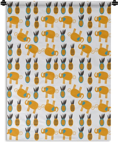 Wandkleed - Wanddoek - Olifant - Ananas - Geel - Patroon - 150x200 cm - Wandtapijt