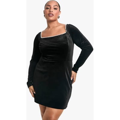 boohoo Dames Plus Pearl Vierkante Hals Skaterjurk | Black | Maat: 16