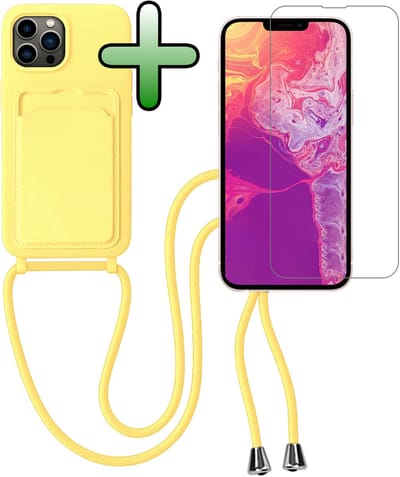 Hoes Geschikt voor iPhone 13 Pro Hoesje Pas Houder Case Hoes Met Koord Met Screenprotector - Hoesje Geschikt voor iPhone 13 Pro Hoes Met Telefoonkoord Pasjeshouder Cover - Geel