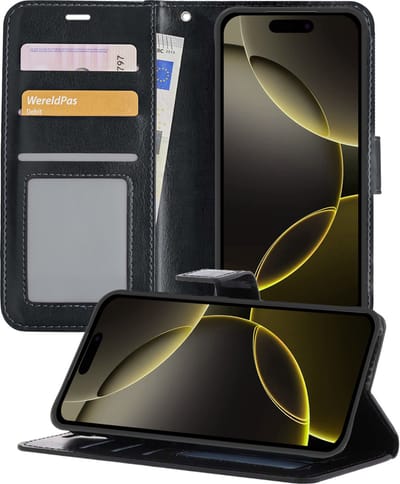 Hoesje - Met Pasjeshouder - Geschikt voor Apple iPhone 16 Pro - Luxe Bookcase Portemonee - Flip Case - Kunstleer Book Case - Flipcase - Book Cover - Walletcase - Portemonneehoes - Telefoonhoesjes - Zwart