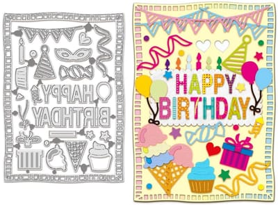 Dailygoods- Snijmatrijzen Happy Birthday - Feesttaartsjablonen - Decoratieve Reliëfsjablonen - 12,4 x 17,4 cm - 0,8 mm Dik - Voor Wenskaarten en Plakboeken - Snijvormpjes