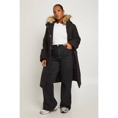 boohoo Dames Plus Parka met nepbontaccent | Black | Maat: 16