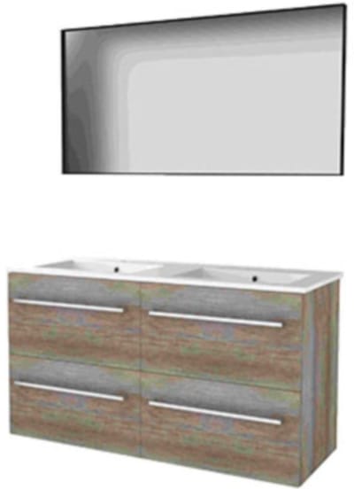 Basic-Line Framed 46 Badkamermeubelset - 120 x 46 cm - Met Grepen - 4 Lades - Keramische Wastafel - 2 Kraangaten - Spiegel met Zwart Aluminium Frame - Scotch Oak