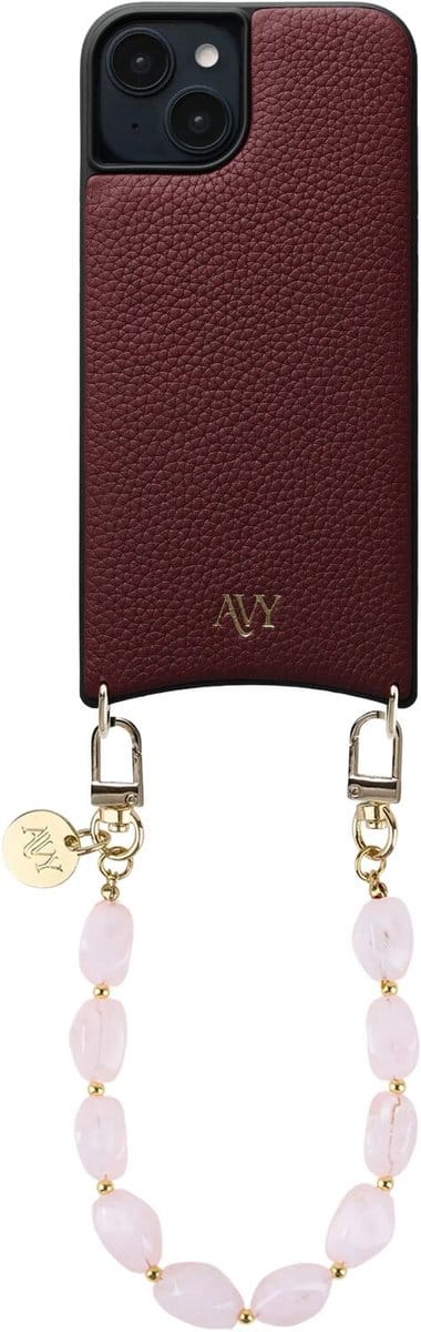 AVY Leren Hoesje Geschikt voor Apple iPhone 15 | Compatibel met MagSafe | Leather Case met Telefoonkoord | Polsbandje | Burgundy | Rocher Pink