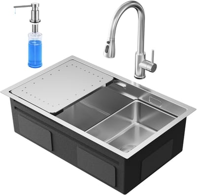 CECIPA max Spoelbak RVS 70x44CM - Spoelbak Keuken Met Uittrekbare Uitloop Keukenkraan en Zeepdispenser(300ML) - Multifunctionele Spoelbak - Spoelbak Met Afdruiprek - Spoelbakken Keuken - Wasbak Keuken - RVS