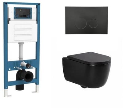 QeramiQ Dely Swirl Toiletset - inbouwreservoir Qeramiq Flush - 35mm zitting - metaal mat zwarte bedieningsplaat - ronde knoppen - mat zwart