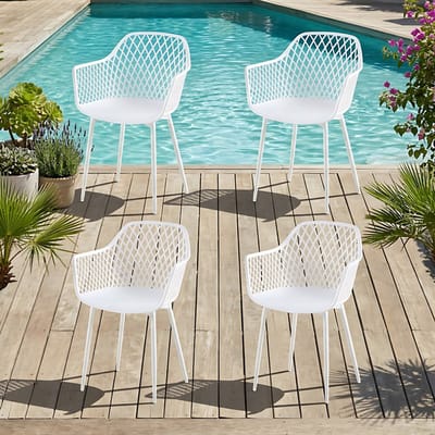 EGGREE Tuinstoelen voor buiten - set van 4 - kunststof stoelen met armleuningen en metalen poten - tuinstoelen voor buiten voor het terras - balkon - eetkamer en woonkamer - rugleuning met opengewerkt ontwerp - wit