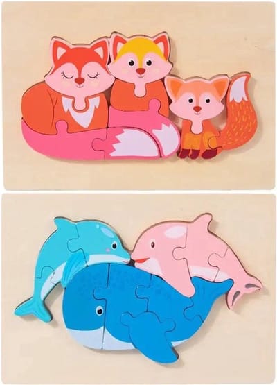 Houten dieren puzzels - Vossen en dolfijnen - 10 en 11 stukjes - Vanaf 2 jaar - Kinderpuzzel - Educatief montessori speelgoed