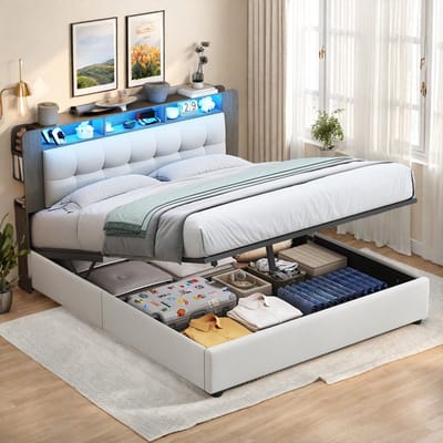 Opbergbed 140x200 cm, tweepersoonsbed in beige velvet met hoofdbord opbergruimte, draadloze oplader, LED licht en gasveer opbergsysteem