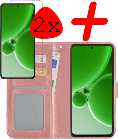 Hoesje Met 2x Screenprotector - Geschikt voor OnePlus Nord 3 - Luxe Pasjeshouder - Bookcase Portemonee - Flip Case - Kunstleer Book Case - Flipcase Hoes - Book Cover - Walletcase - Portemonneehoes - Rosé goud