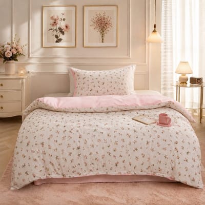 Dekbedovertrekset 135x200 cm roze met bloemen en bladeren, omkeerbaar, microvezel, Oeko-Tex-gecertificeerd, voor mensen met allergieën, met ritssluiting en 1 kussensloop 80x80 cm