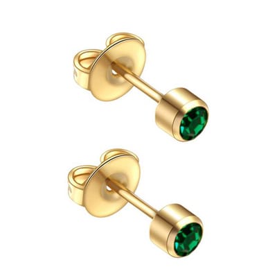 Caflon 4mm 24K gold plated oorknopjes voor oorschieter hypoallergeen steriel verpakt goudkleurig met smaragdgroene steen geboortesteen mei