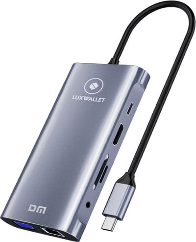 LUXWALLET 10 in 1 USB C Hub – HDMI 4K - 3x USB3.0 – PD laden tot 100W – Gigabit Ethernet Poort – VGA Poort 1080P – MicroSD/SD Kaartlezer - Aux 3.5mm poort - Zilver