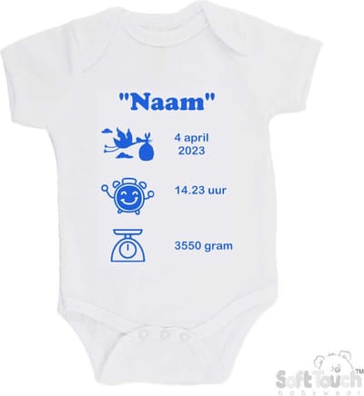 100% katoenen Romper met naam & geboortegegevens Unisex/Meisje/Jongen Katoen Wit/blauw Maat 62/68