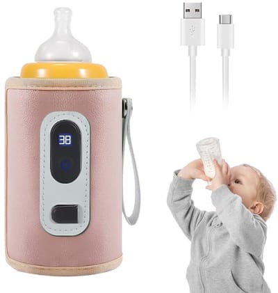 LISM-Babyflesverwarmer, draagbare babyflesverwarmer, USB-babyflesverwarmer, digitale temperatuurweergave, reisbabyflesverwarmer met lcd-scherm (roze) voor gebruik onderweg.