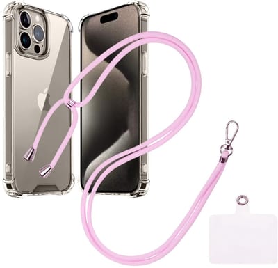 Shock Proof Case Hoes Geschikt voor iPhone 15 Pro Hoesje Transparant Met universele Telefoonkoord lichtroze - Cover - Nek Hanger - Koord Hoes