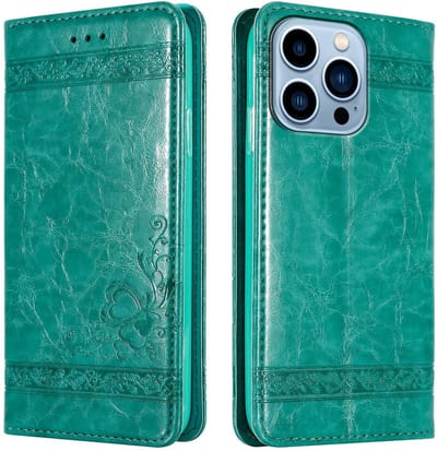 Cadorabo Hoesje geschikt voor Apple iPhone 13 PRO in TURKOOIS met ornamenten - Beschermhoes met magnetische sluiting, standfunctie en kaartvakje Case Cover Etui