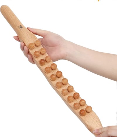 Houten Massage Stok XL | Voor Schouders, Rug, Nek, Benen, Armen, Taille en Buik | TheraCane | TherapieStok | Guasha Massage | Spierknopen Therapie | 20 Massageballen | Beige