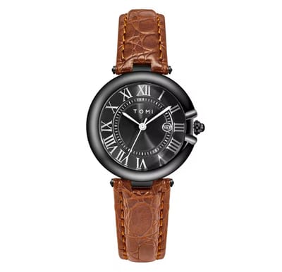 Tomi Luxe Horloge | Elegante Horloge | 34MM | Bruine Leren band | Zwarte Wijzerplaat | Dames Horloges