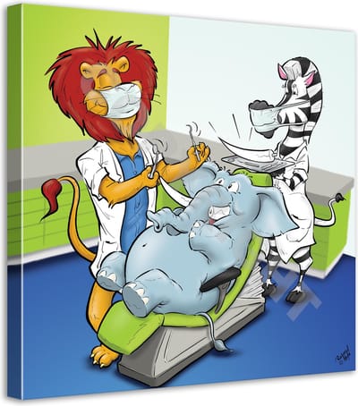 Tandarts Cartoon op canvas - Roland Hols - Tand olifant - 60 x 60 cm - Houten frame 4 cm dik - Orthodontist - Mondhygiënist
