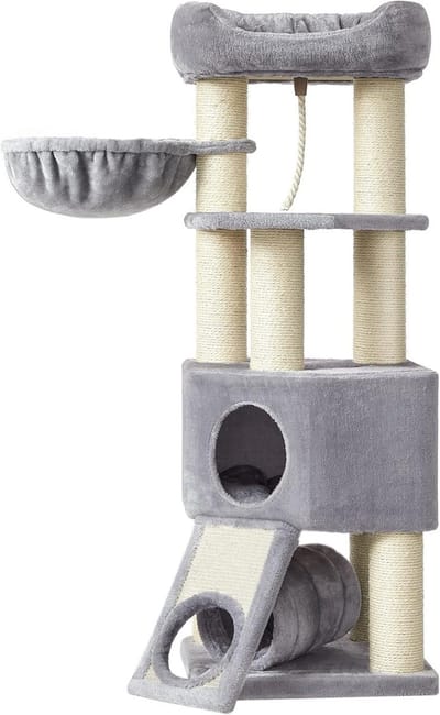 Hoppa! Krabpaal M met pluche hangmat en grot - Lichtgrijs/Naturel - 50 x 50 x 141 cm