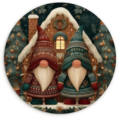 WallCircle® Wandcirkel 120x120 cm - Muurcirkel Kerst - Gnomen - Peperkoekhuisje - Rood - Groen - Muurdecoratie woonkamer - Wanddecoratie slaapkamer - Kamer decoratie accessoires - Ronde schilderijen XXL