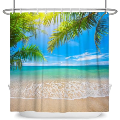 Kuststrand Douchegordijn Oceaan Golf Zeegezicht Print Waterdicht Bad Gordijn Voor Badkamer Decor Polyester Met Haken W90cm x H180cm