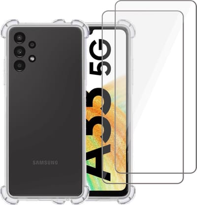 Hoesje geschikt voor Samsung A33 5G + 2x Screenprotector – Tempered Glass - Extreme Shock Case Transparant