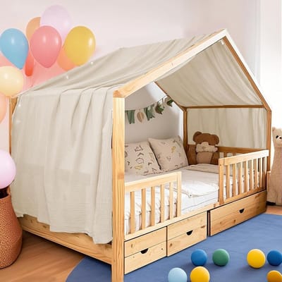 Bedhemel - Mousseline Luifel - Kinderkamer Decoratie - 100% Katoen - 132 x 420 cm - Lichtbeige
