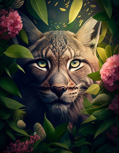 AI - Woondecoratie - Poster - Dieren - Kat - Bloemen en jungle - 33 - 40 x 50 cm
