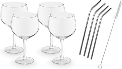 4x Gin Tonic glazen / cocktailglazen transparant 650 ml - Inclusief 4x RVS herbruikbare rietjes