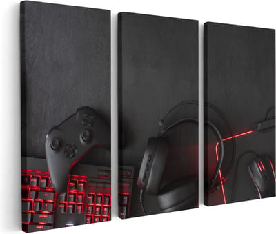 Artaza Canvas Schilderij Drieluik Gaming Spullen - Accessoires - Controller - 180x120 - Groot - Foto Op Canvas - Canvas Print