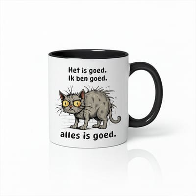 Zwart-Witte Mok – “Het is goed. Ik ben goed. Alles is goed.” – Grappige Gestreste Kat Design – Humoristisch Cadeau voor Kattenliefhebbers – 330ml Keramische Beker