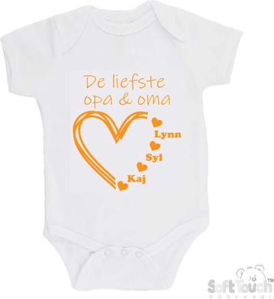 100% katoenen Romper "De liefste opa & oma met de namen van 3 kleinkinderen" Unisex Katoen Wit/mosterd Maat 62/68
