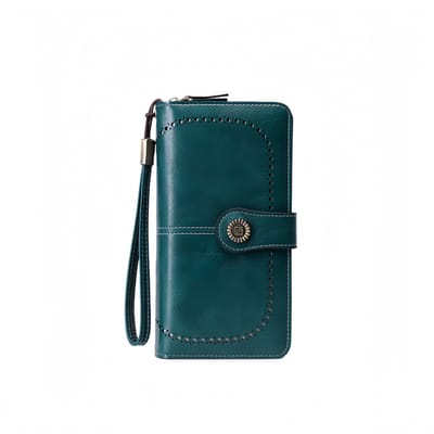 Lange portemonnee van gewaxt leer - RFID-beveiliging tegen diefstal - Draagbaar en ruim - Vintage drievoudige damesportemonnee - 19*11*3,5 cm - Blauw - 1 stuk