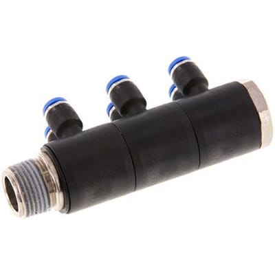 4mm x R3/8'' 6-way Manifold Messing/PA 66 Insteekfitting Buitendraad Draaibaar NBR