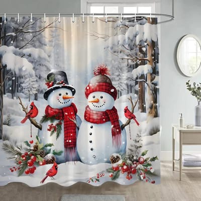 Kerst Sneeuwpop Douchegordijn Winterbos Rode Bes Vogels Sneeuwlandschap Kerst Badgordijnen Stof Wanddecoratie Badkamerdecoratie 180x180cm-70x70in