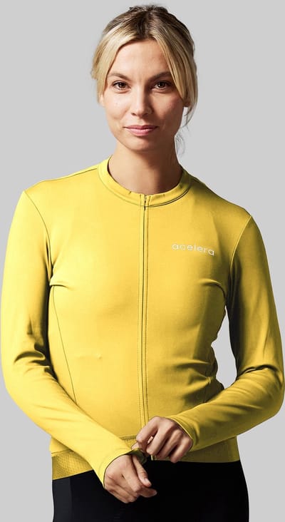 Acelera Fleece Fietsshirt Wielerjack Lange Mouwen Geel - Thermo - Fietsjack - Wielrenjack - Fietsjas - Dames - Fietsshirt Lange Mouwen- Maat S