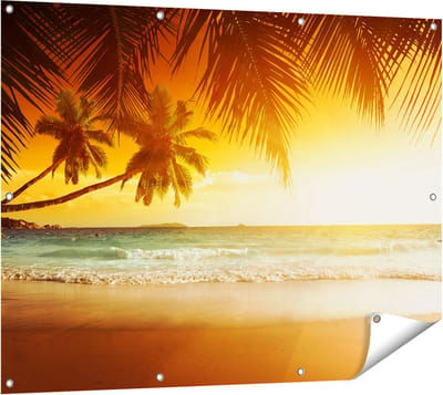 Gards Tuinposter Tropisch Strand tijdens Zonsondergang - 120x90 cm - Tuindoek - Tuindecoratie - Wanddecoratie buiten - Tuinschilderij