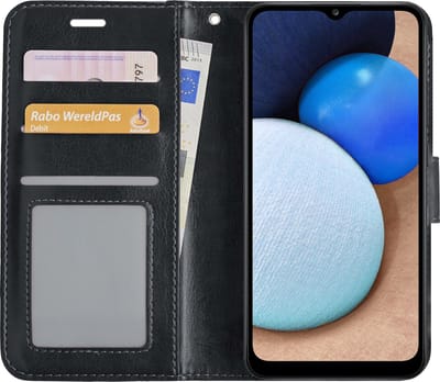 Hoesje - Met Pasjeshouder - Geschikt voor Samsung Galaxy A02s - Luxe Bookcase Portemonee - Flip Case - Kunstleer Book Case - Flipcase - Book Cover - Walletcase - Portemonneehoes - Zwart