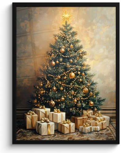 Poster in lijst - Fotolijst 60x80 cm - Posters - Kerstboom - Cadeaus - Goud - Posterlijst zwart - Decoratie - Wanddecoratie woonkamer - Muurdecoratie slaapkamer - Kerstversiering - Kerstdecoratie voor binnen - Kerstmis