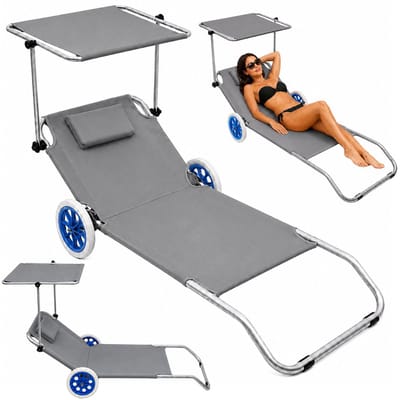 MOZY® - Ligbed met Zonnescherm - Grijs - Inklapbaar - Verrijdbaar - met Wielen - 150 cm - Inclusief Hoofdkussen - Ligstoel Tuin - Veldbed - Zonnebed - Lounger - Reisbed