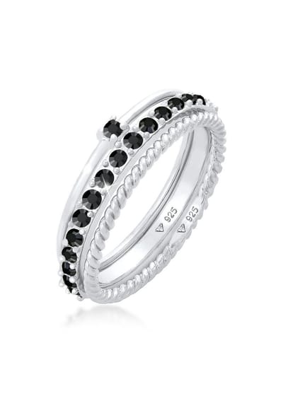 Elli - Ring - Dames Stapel Set Elegant Eenzaam Gedraaid Trend met Kristallen Zwart in 925 Sterling Zilver - Dames
