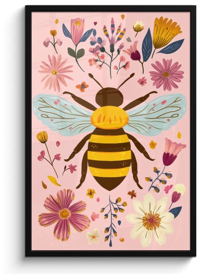 Poster in lijst - Fotolijst 60x90 cm - Posters - Bij - Geel - Bloemen - Kleurrijk - Posterlijst zwart - Decoratie - Wanddecoratie woonkamer - Muurdecoratie slaapkamer
