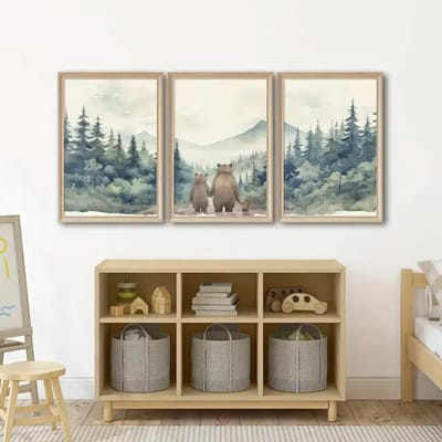 Set van 3 Canvas 'Beren Familie' - 30x40cm - heldere kleuren - Babykamer - Kinderkamer - Bloemen - Bruin - Groen - Interieur - Muur Decoratie