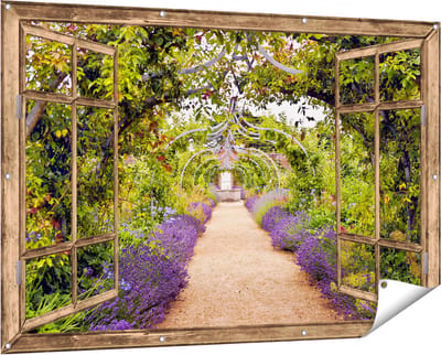 Gards Tuinposter Doorkijk Lavendel Pad - 150x100 cm - Tuindoek - Tuindecoratie - Wanddecoratie buiten - Tuinschilderij