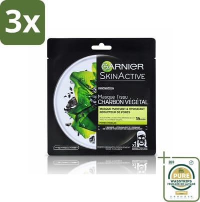 3 x Garnier - SkinActive - Tissue Masker - Charcoal - 1 Gezichtsmasker - Grootverpakking - Huidzuiveren - Huidhydraat - Huidstructuur - Poriën Verfijnen - Houtskool Masker