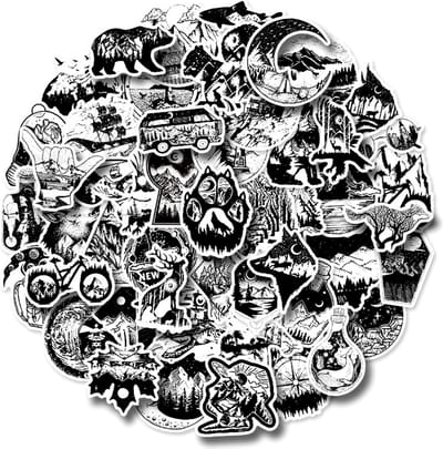 50 Zwart wit Outdoor stickers voor laptop, koffer etc. - Camping, Bergen, Beren, Wolven, Noord-Amerika, Volwassenen