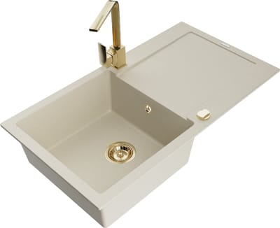 Mexen Leo granieten gootsteen 1-komorige met afdruiprek en keukenkraan Rita, beige - 6501-69-670300-50