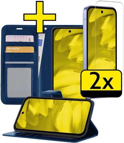 Hoesje - Met 2x Screenprotector - Geschikt voor Google Pixel 9a - Luxe Pasjeshouder - Bookcase Portemonee - Flip Case - Kunstleer Book Case - Flipcase Hoes - Book Cover - Walletcase - Portemonneehoes - Telefoonhoesjes - Donkerblauw